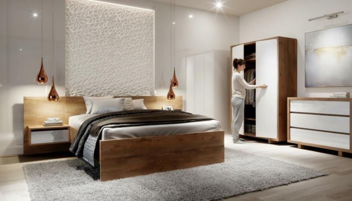 Juego de dormitorio completo Cama Mesita de noche Armario Cómoda Diseño de 5 piezas.