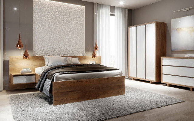 Juego de dormitorio completo Cama Mesita de noche Armario Cómoda Diseño de 5 piezas.