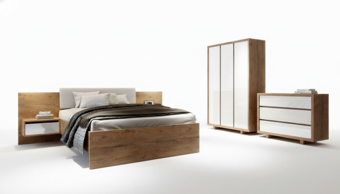 Juego de dormitorio completo Cama Mesita de noche Armario Cómoda Diseño de 5 piezas.