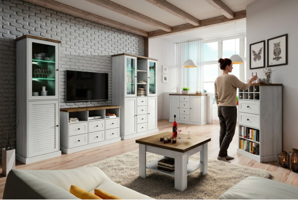 Conjunto de sala de estar con vitrina, aparador y estante de pared de 3 piezas en madera nueva.