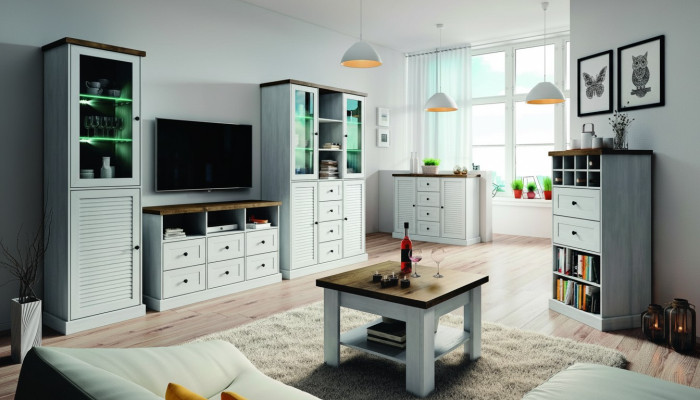 Conjunto de sala de estar con vitrina, aparador y estante de pared de 3 piezas en madera nueva.