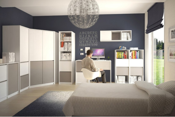 Habitación juvenil para niños completa con armario esquinero y escritorio de ordenador, 7 piezas.
