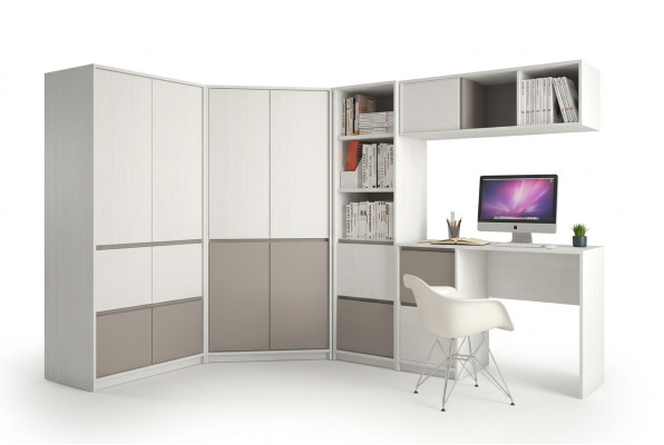 Habitación juvenil para niños completa con armario esquinero y escritorio de ordenador, 7 piezas.