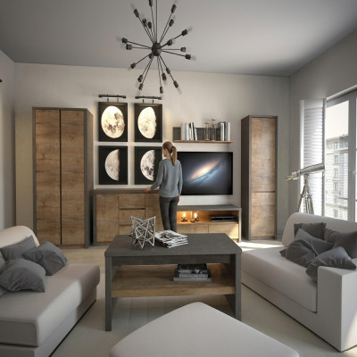 Conjunto de sala de estar con vitrina, mueble bajo, estante de pared, mesa de televisión. Juego de 6 piezas. Nuevo.
