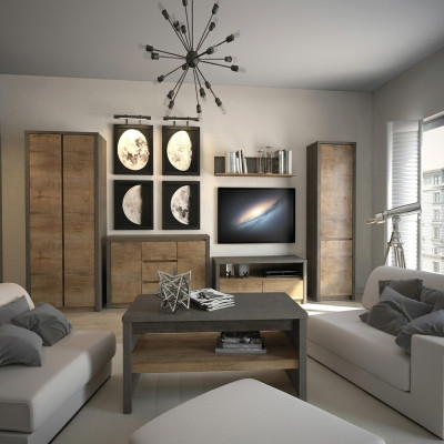 Conjunto de sala de estar con vitrina, mueble bajo, estante de pared, mesa de televisión. Juego de 6 piezas. Nuevo.