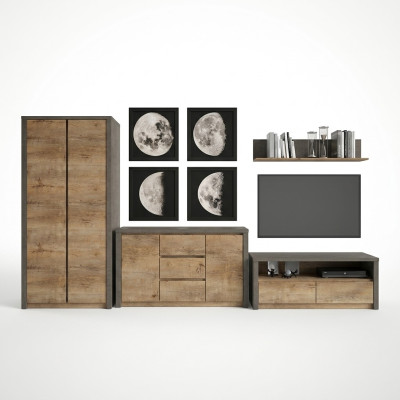 Conjunto de sala de estar con vitrina, mueble bajo, estante de pared, mesa de televisión. Juego de 6 piezas. Nuevo.