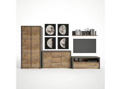 Conjunto de sala de estar con vitrina, mueble bajo, estante de pared, mesa de televisión. Juego de 6 piezas. Nuevo.