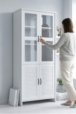 Mueble de madera y vidrio Blanco Mueble de estilo rústico Vitrina Armario