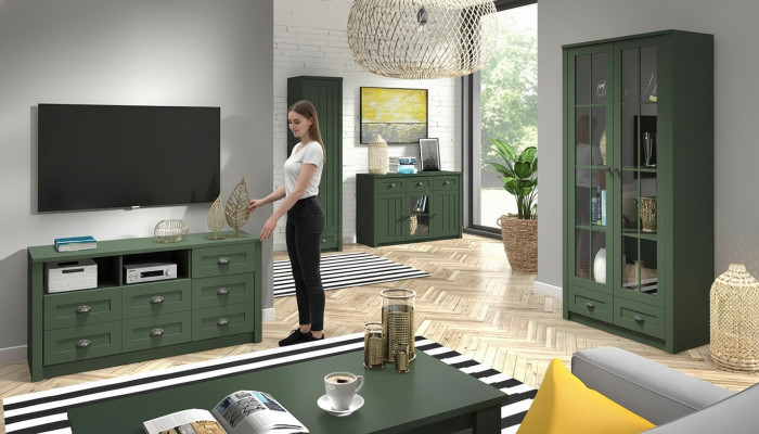 Conjunto completo de sala de estar estilo rústico, conjunto de muebles de 5 piezas. Mueble de pared de madera, cómoda, mesa.