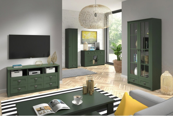 Conjunto completo de sala de estar estilo rústico, conjunto de muebles de 5 piezas. Mueble de pared de madera, cómoda, mesa.