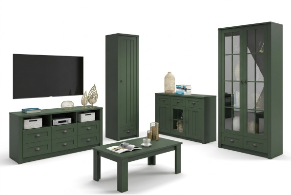 Conjunto completo de sala de estar estilo rústico, conjunto de muebles de 5 piezas. Mueble de pared de madera, cómoda, mesa.