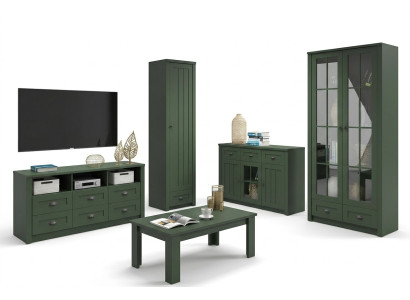 Conjunto completo de sala de estar estilo rústico, conjunto de muebles de 5 piezas. Mueble de pared de madera, cómoda, mesa.