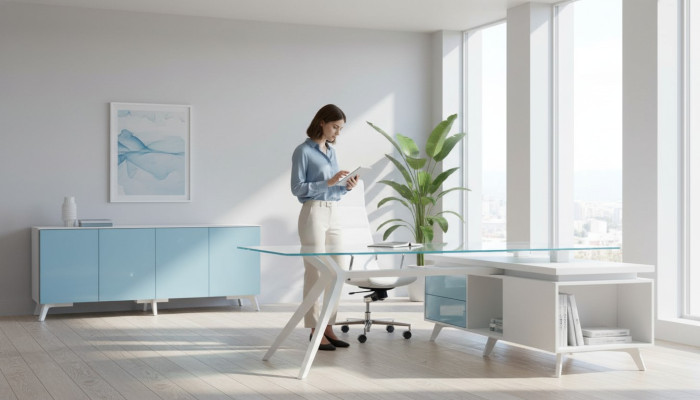 Cómoda moderna azul para oficina con puertas de cristal Frezza nueva.