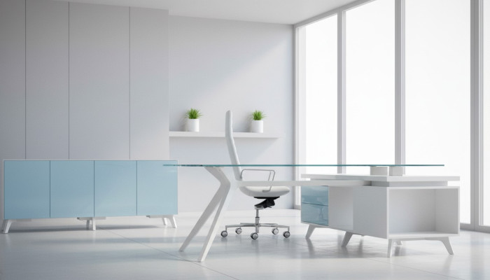 Cómoda moderna azul para oficina con puertas de cristal Frezza nueva.