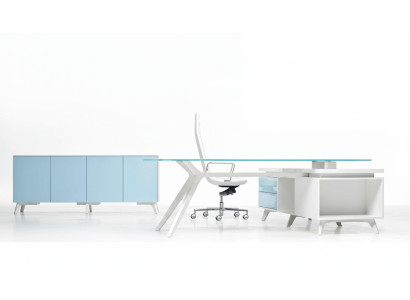 Cómoda moderna azul para oficina con puertas de cristal Frezza nueva.