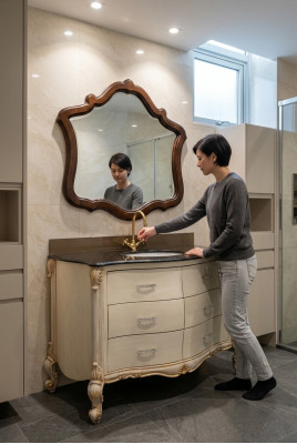 Diseño de muebles de baño de baño de 2 piezas. Conjunto de armario lavamanos iluminación.