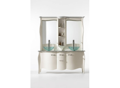Lavabo clásico doble de madera con mueble de lavabo y espejo de pie