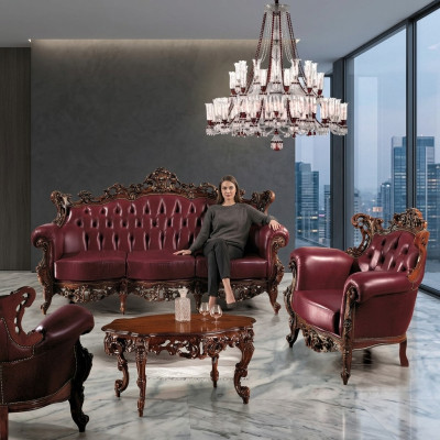 Muebles de lujo Conjunto de sofá Sofá Tapizado 3 + 1 plazas Mesa de café de madera 3 piezas.