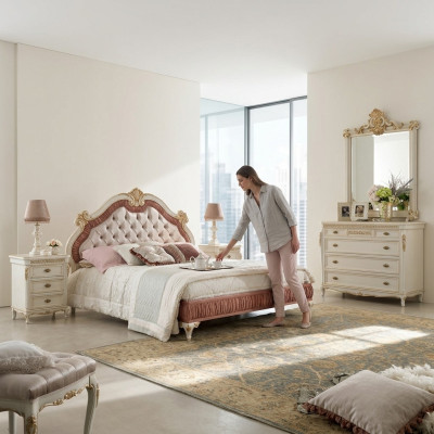 Diseño de dormitorio Juego completo de 5 piezas Cama Mesita de noche Cómoda Conjuntos italianos