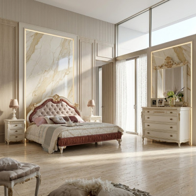 Diseño de dormitorio Juego completo de 5 piezas Cama Mesita de noche Cómoda Conjuntos italianos