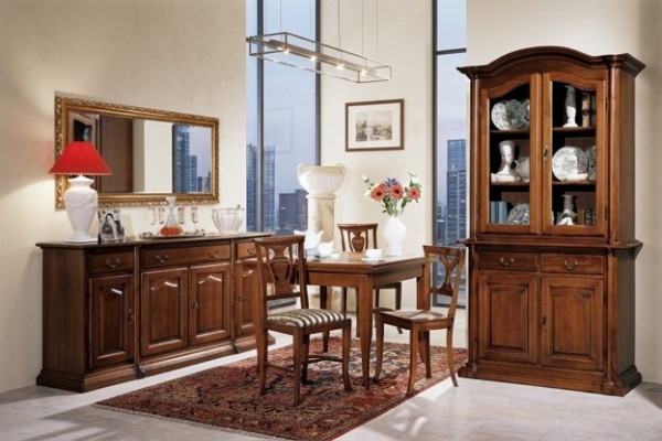 Diseño de comedor conjunto de muebles de madera de 6 piezas, 4 sillas, mesa, vitrina, grupo nuevo.