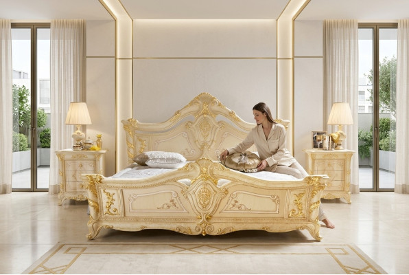 Dormitorio clásico Cama de hotel Muebles barrocos de madera Camas italianas de lujo