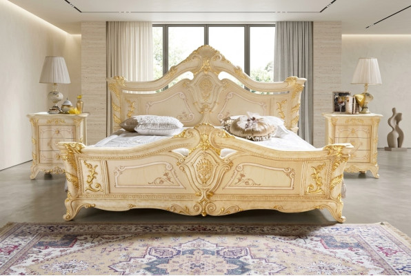 Conjunto de dormitorio Diseño Art déco Lujo Cama Cama Mesilla de noche 3 piezas.