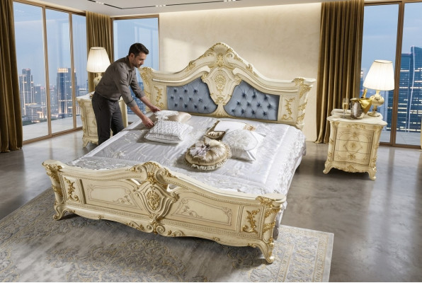 Conjunto de dormitorio con cama Art déco de lujo, 2 mesitas de noche 3 piezas.