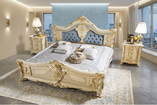 Conjunto de dormitorio con cama Art déco de lujo, 2 mesitas de noche 3 piezas.