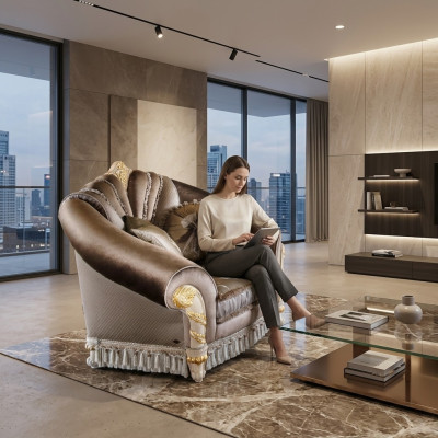 Sillón de una plaza de tela de relax acolchado de sala de estar, club, muebles nuevos, diseño de silla.