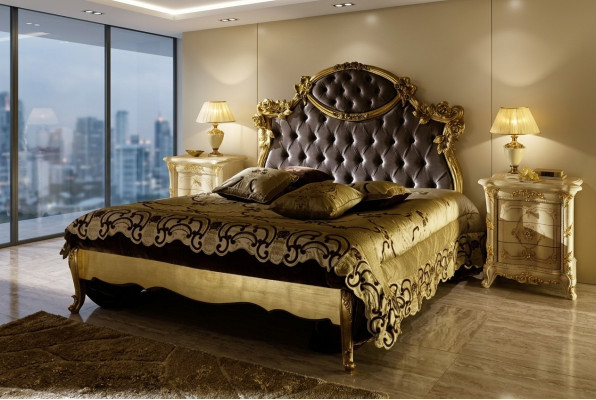 Cama clásica, camas de lujo Chesterfield, dormitorio del hotel, muebles de estilo barroco nuevos.