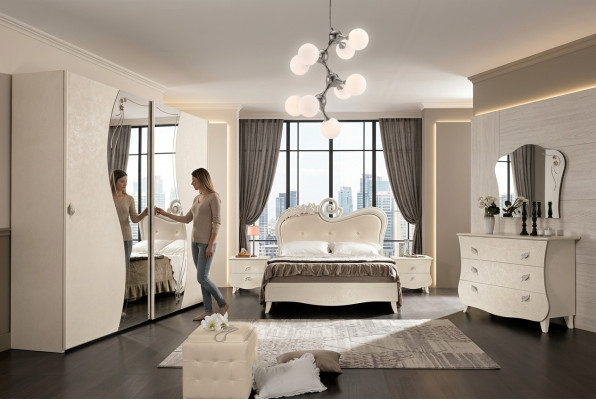 Diseño conjunto completo de dormitorio con mesita de noche, armario estilo barroco rococó de 6 piezas.