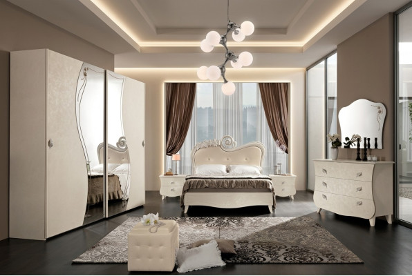 Diseño conjunto completo de dormitorio con mesita de noche, armario estilo barroco rococó de 6 piezas.