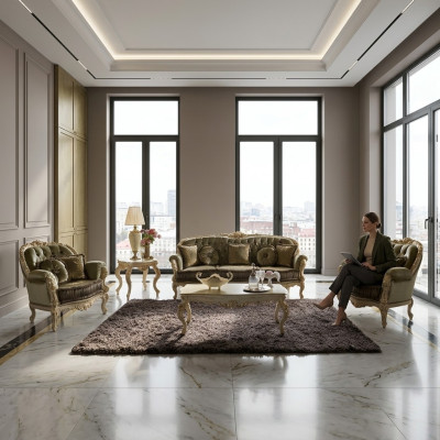 Juego de asientos 3+2+1 sillones muebles tapizados textil diseño Chesterfield italiano