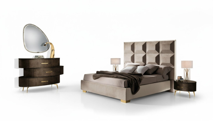 Juego de cama con diseño clásico, mesita de noche, cómoda, 4 piezas. Dormitorio.