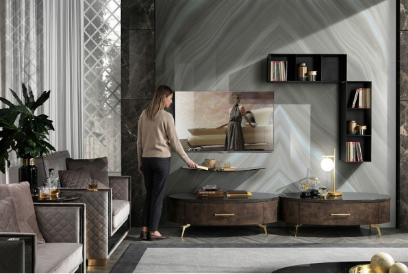 Conjunto de estantería para sala de estar de 4 piezas. Diseño de pared de sala, armario, mueble bajo RTV.