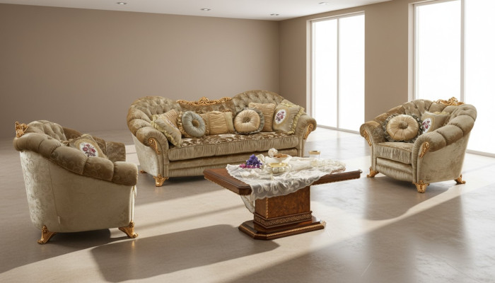 Muebles de lujo, juego de sofás, sofá, estilo barroco rococó, tapizado, 3+1+1 plazas, madera, conjunto de 3 piezas.