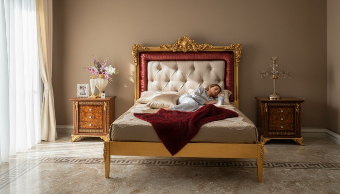 Juego de dormitorio con cama de diseño de lujo Set de muebles barrocos 2 mesitas de noche 3 piezas.