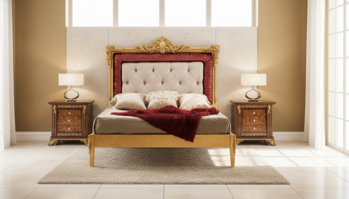 Juego de dormitorio con cama de diseño de lujo Set de muebles barrocos 2 mesitas de noche 3 piezas.