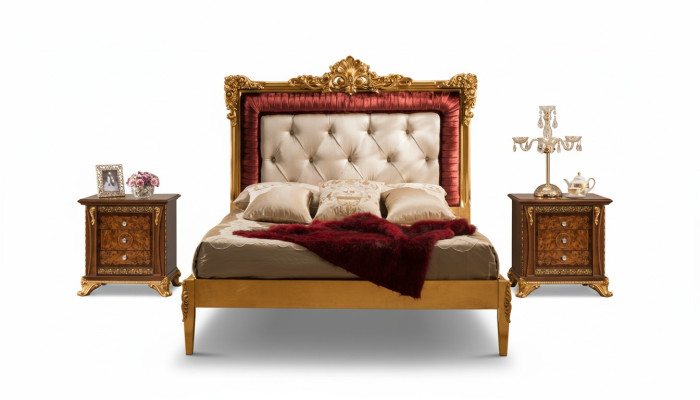 Juego de dormitorio con cama de diseño de lujo Set de muebles barrocos 2 mesitas de noche 3 piezas.