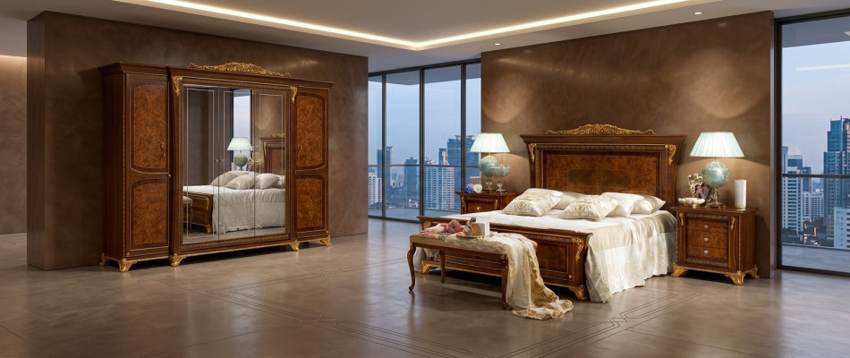 Dormitorio de muebles de madera estilo Barroco Rococó, cama doble de lujo con acolchado.