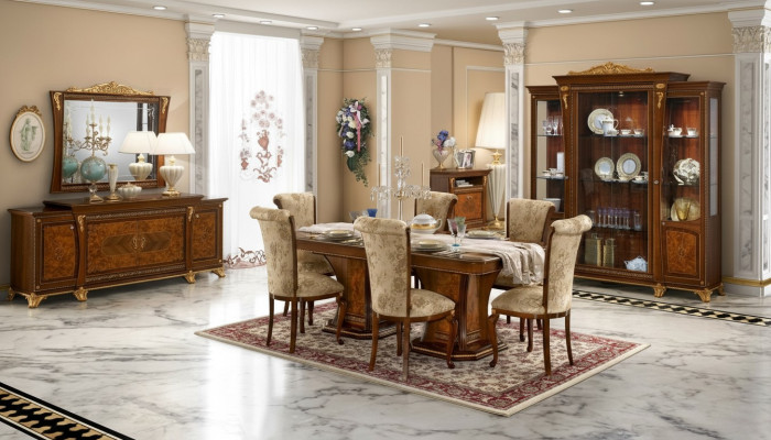 Conjunto de comedor: vitrina, mesa, 6 sillas, cómoda, espejo, barroco, nuevo, 10 piezas.