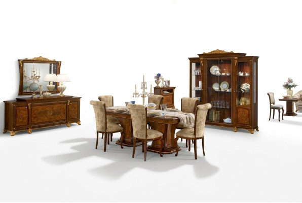 Conjunto de comedor: vitrina, mesa, 6 sillas, cómoda, espejo, barroco, nuevo, 10 piezas.