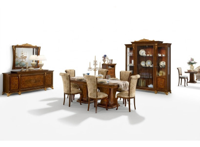 Conjunto de comedor: vitrina, mesa, 6 sillas, cómoda, espejo, barroco, nuevo, 10 piezas.