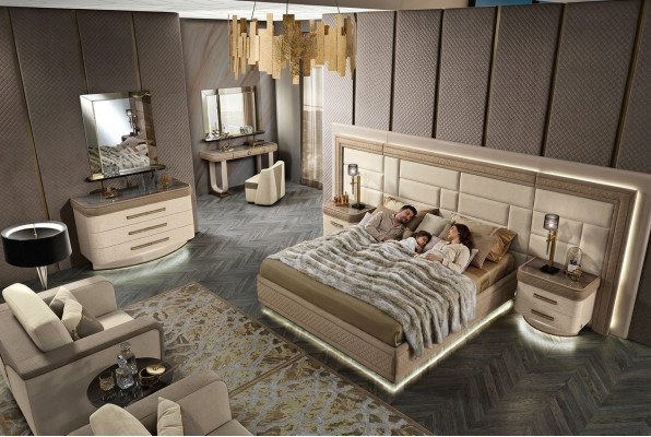 Diseño de lujo para dormitorio: cama, 2 mesitas de noche, cómoda, juego de habitación de 8 piezas.