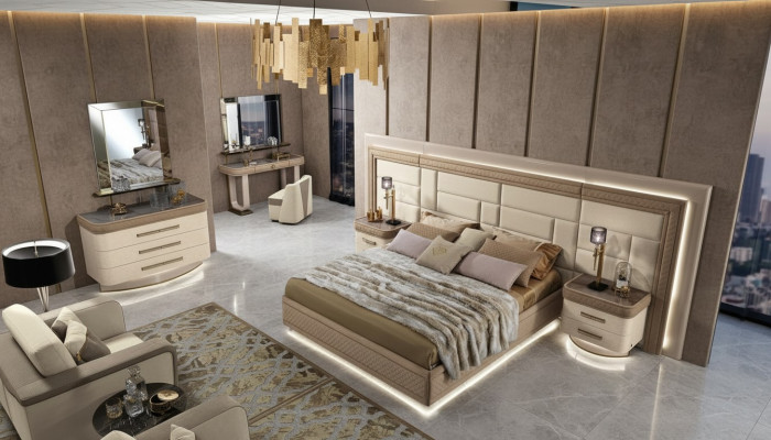 Diseño de lujo para dormitorio: cama, 2 mesitas de noche, cómoda, juego de habitación de 8 piezas.