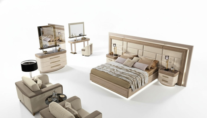 Diseño de lujo para dormitorio: cama, 2 mesitas de noche, cómoda, juego de habitación de 8 piezas.