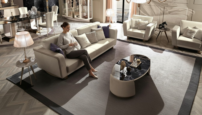 Muebles de salón italianos, conjunto de sofás compuesto por 3 plazas y 2 sillones de diseño sofá, tapizados en tela.