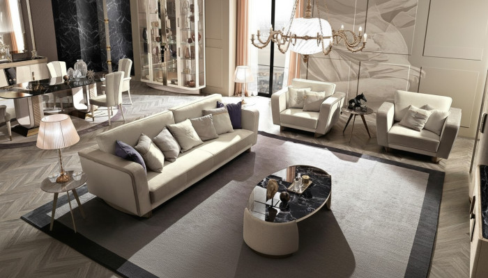 Muebles de salón italianos, conjunto de sofás compuesto por 3 plazas y 2 sillones de diseño sofá, tapizados en tela.