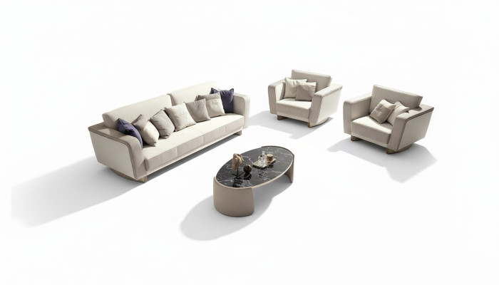 Muebles de salón italianos, conjunto de sofás compuesto por 3 plazas y 2 sillones de diseño sofá, tapizados en tela.